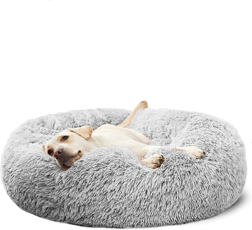 Calming Round Fluffy Dog Bed for Large Dogs, Washable 30" Gray Cuddler Pet Bed