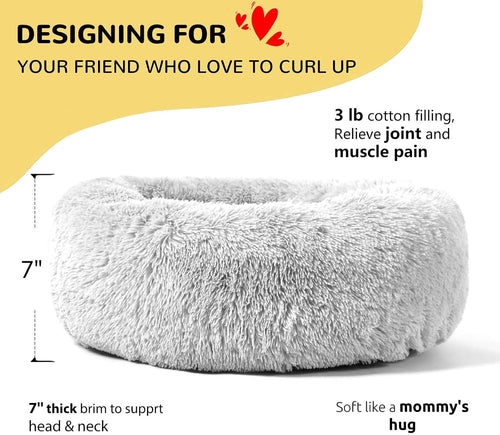Calming Round Fluffy Dog Bed for Large Dogs, Washable 30" Gray Cuddler Pet Bed