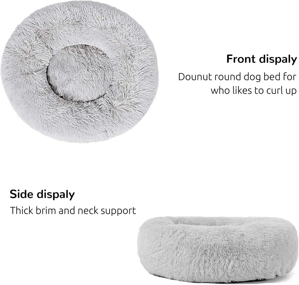 Calming Round Fluffy Dog Bed for Large Dogs, Washable 30" Gray Cuddler Pet Bed
