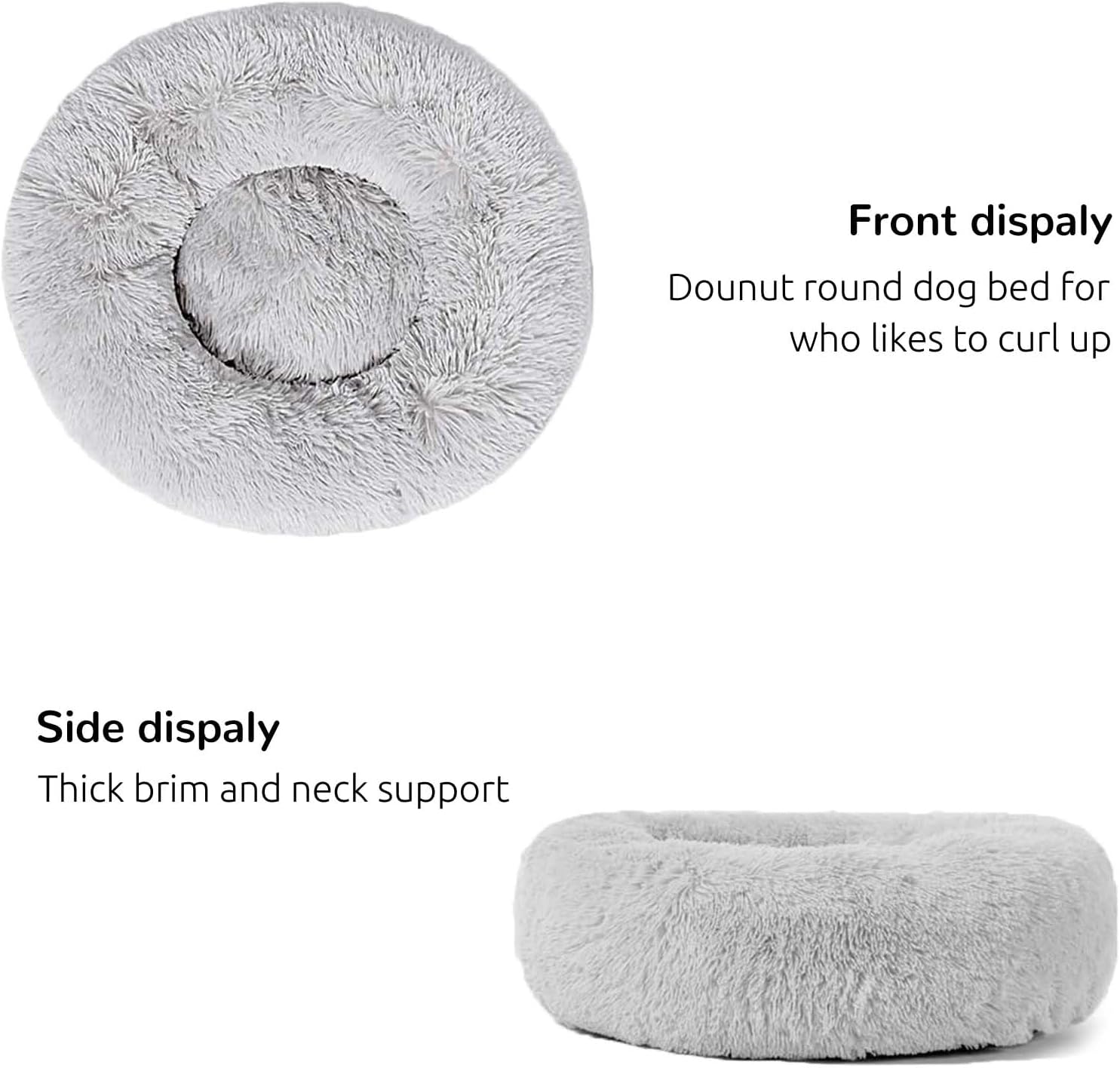 Calming Round Fluffy Dog Bed for Large Dogs, Washable 30" Gray Cuddler Pet Bed