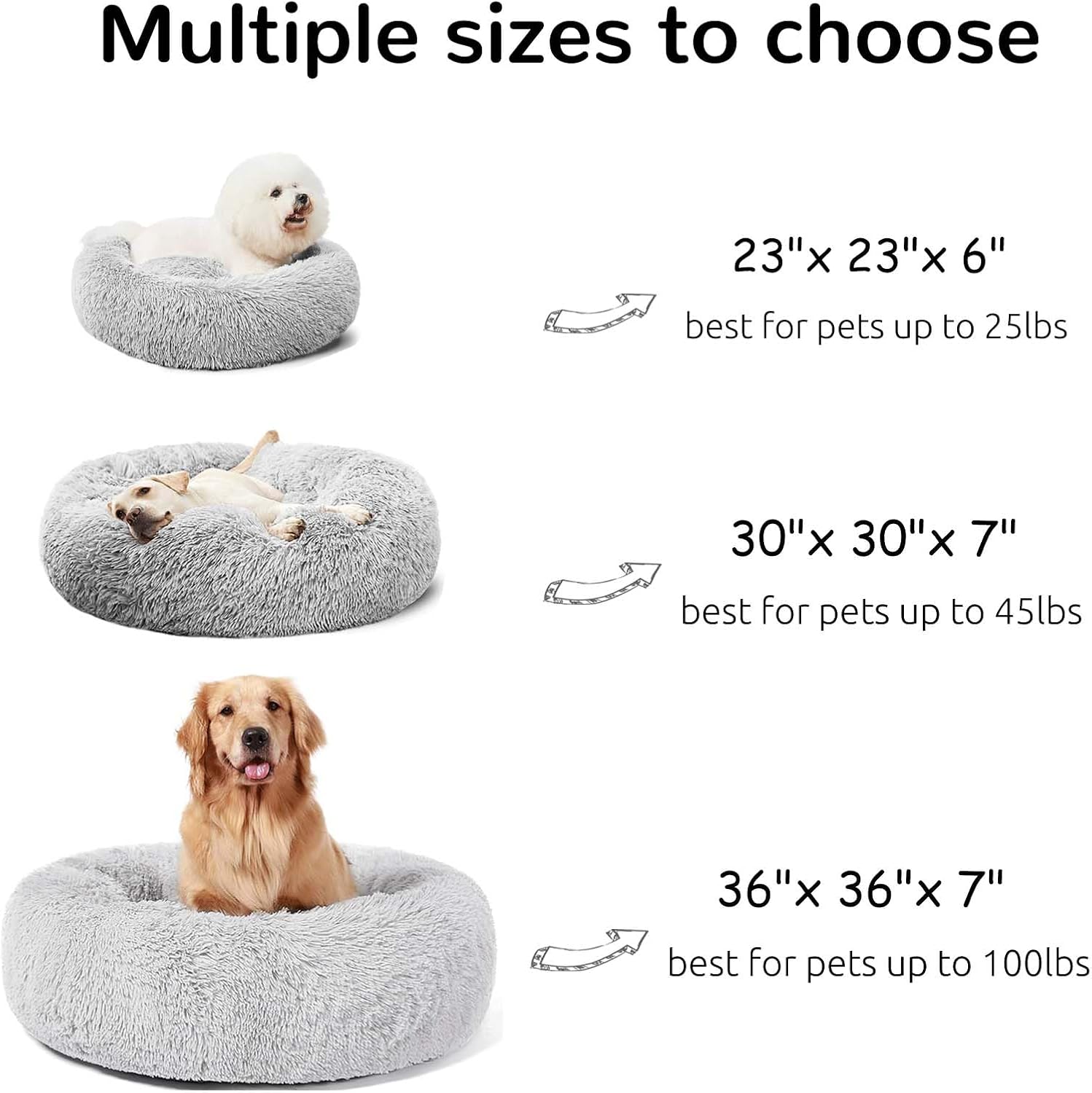 Calming Round Fluffy Dog Bed for Large Dogs, Washable 30" Gray Cuddler Pet Bed