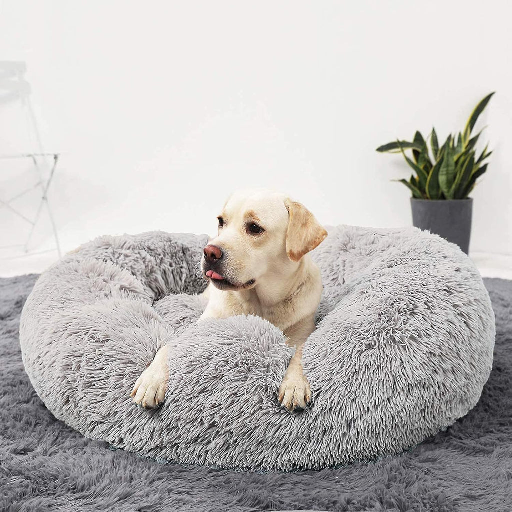 Calming Round Fluffy Dog Bed for Large Dogs, Washable 30" Gray Cuddler Pet Bed